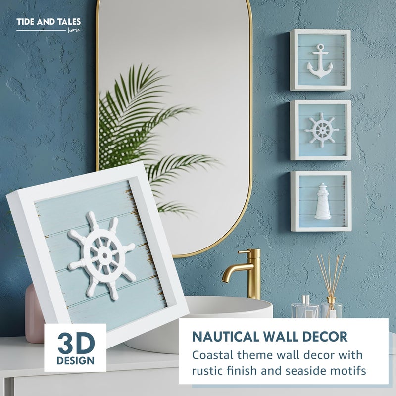 Tide and Tales TideAndTales 3D Nautical Wall Decor (7"x7"), Coastal Theme Home Decorations with Anchor, Lighthouse and Ship Wheel, Rustic Ocean Inspired Bathroom Decor - Nautical Gifts - Framed Set of 3 - Image 2
